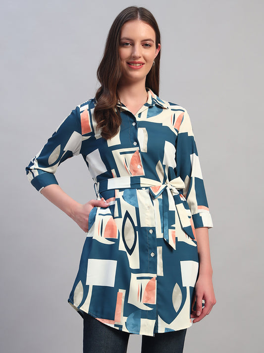 Women Blue Printed 3/4th Sleeves Casual Long Tunic