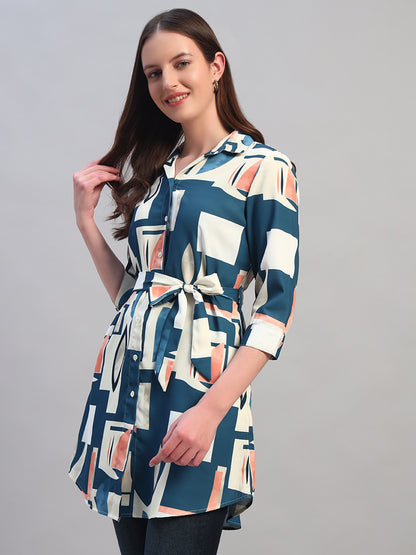 Women Blue Printed 3/4th Sleeves Casual Long Tunic