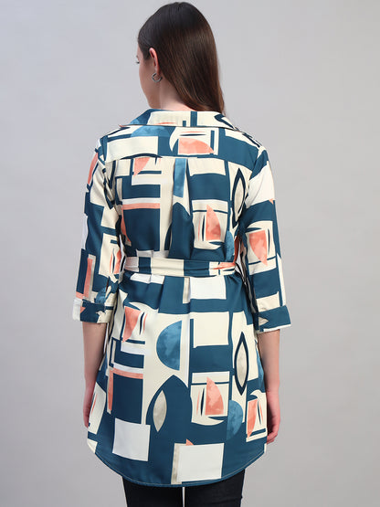 Women Blue Printed 3/4th Sleeves Casual Long Tunic