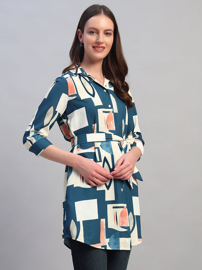 Women Blue Printed 3/4th Sleeves Casual Long Tunic