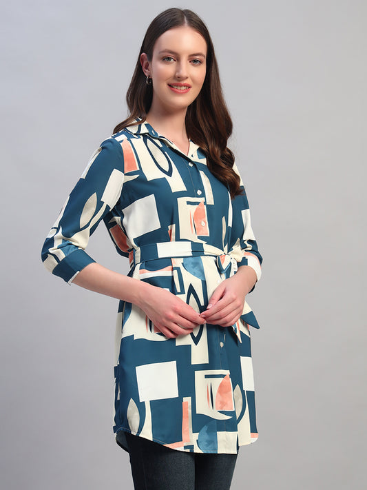 Women Blue Printed 3/4th Sleeves Casual Long Tunic