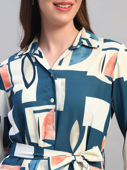 Women Blue Printed 3/4th Sleeves Casual Long Tunic