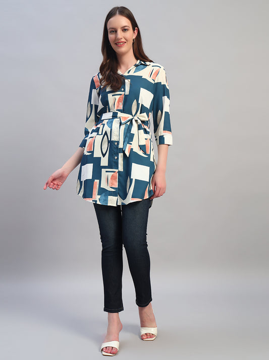 Women Blue Printed 3/4th Sleeves Casual Long Tunic