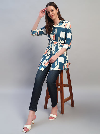 Women Blue Printed 3/4th Sleeves Casual Long Tunic