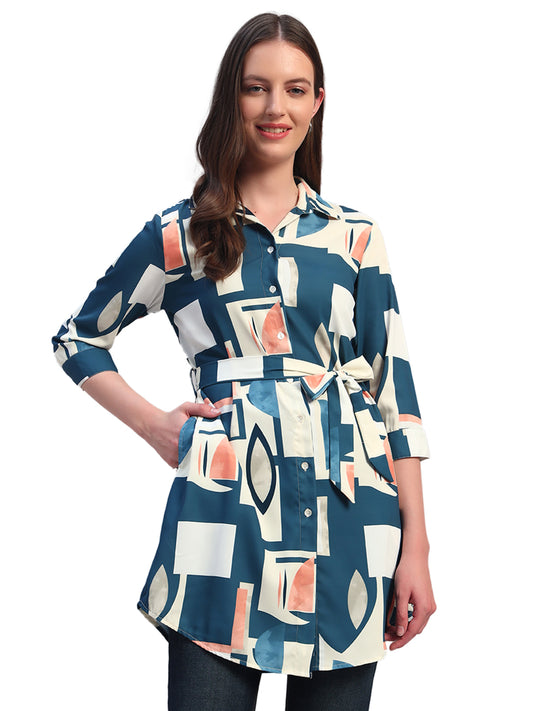 Women Blue Printed 3/4th Sleeves Casual Long Tunic