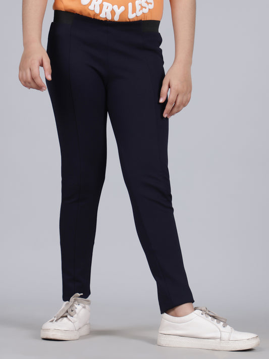 Girls Navy Blue Solid Regular Fit Casual Jegging