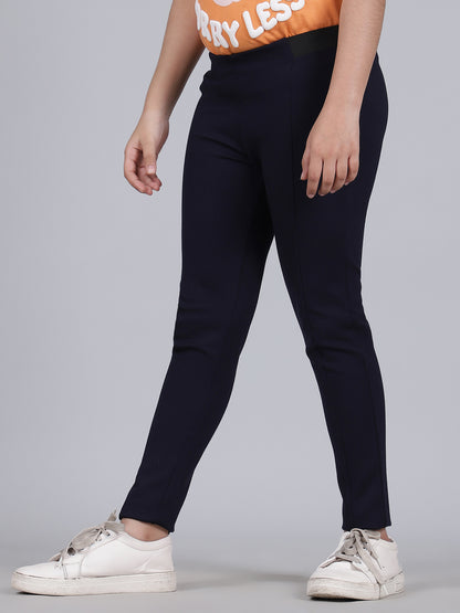 Girls Navy Blue Solid Regular Fit Casual Jegging