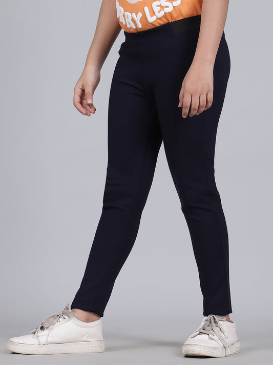 Girls Navy Blue Solid Regular Fit Casual Jegging