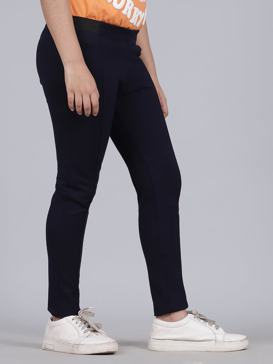 Girls Navy Blue Solid Regular Fit Casual Jegging