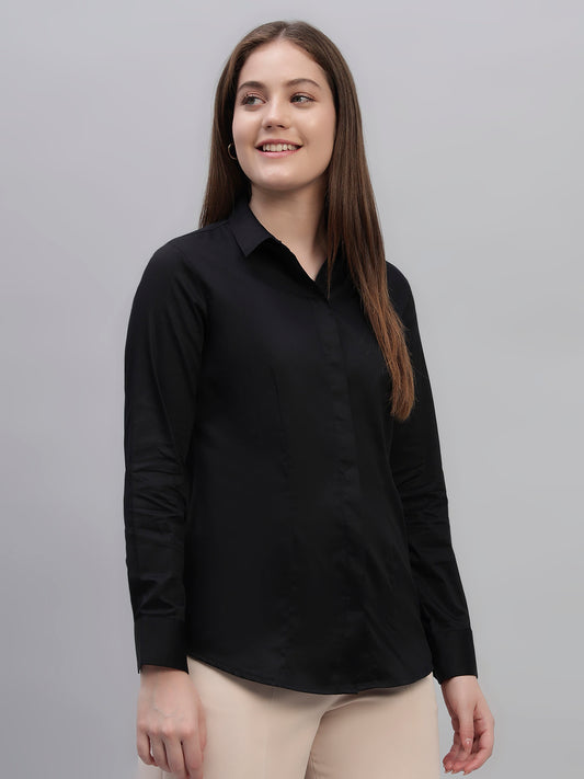Women's Black Solid Full Sleeves Slim Fit Formal Shirt