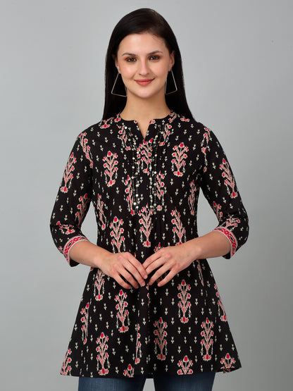 Women's Band Collar Black All Over Printed Short Length Kurti