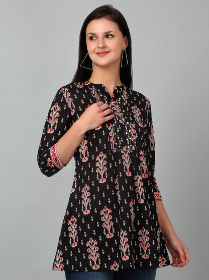 Women's Band Collar Black All Over Printed Short Length Kurti