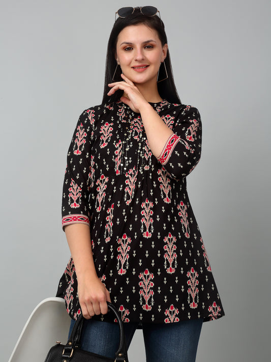 Women's Band Collar Black All Over Printed Short Length Kurti