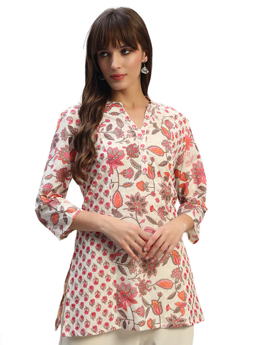 Women's Printed Pink V-Neck 3/4th Sleeves Casual Short Kurti