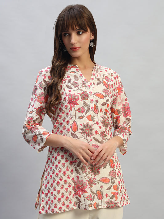 Women's Printed Pink V-Neck 3/4th Sleeves Casual Short Kurti