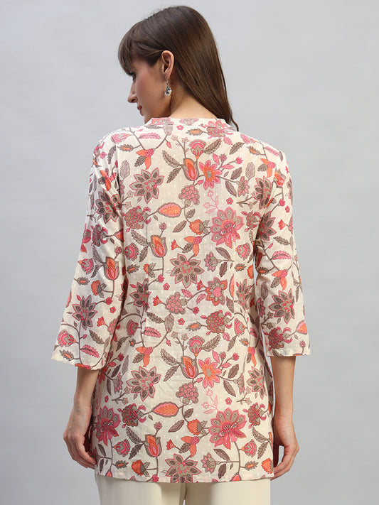 Women's Printed Pink V-Neck 3/4th Sleeves Casual Short Kurti