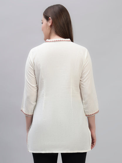 Women's Ivory Embroidery 3/4th Sleeves Round Neck Casual Short Kurti