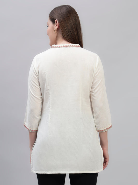 Women's Ivory Embroidery 3/4th Sleeves Round Neck Casual Short Kurti