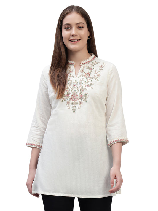 Women's Ivory Embroidery 3/4th Sleeves Round Neck Casual Short Kurti