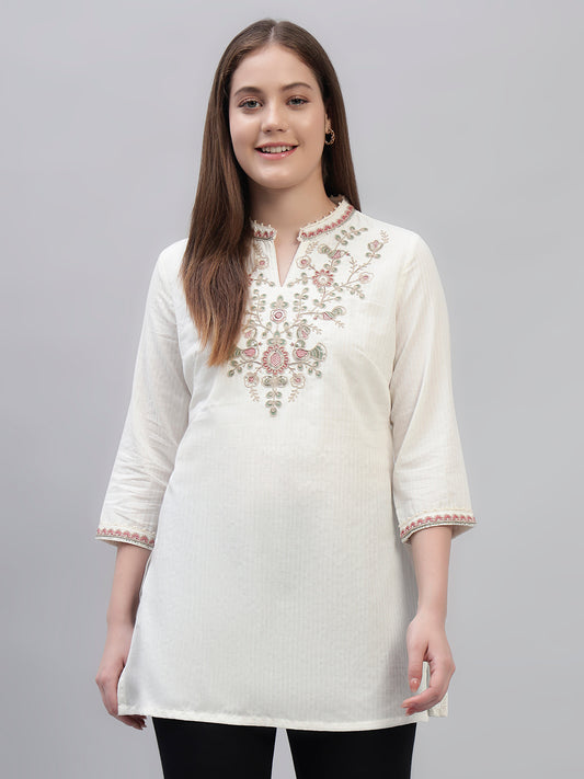 Women's Ivory Embroidery 3/4th Sleeves Round Neck Casual Short Kurti