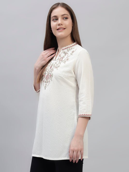 Women's Ivory Embroidery 3/4th Sleeves Round Neck Casual Short Kurti