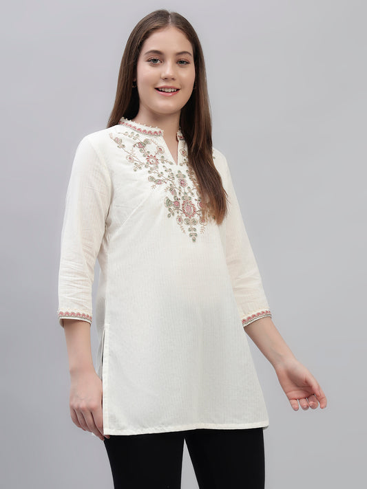 Women's Ivory Embroidery 3/4th Sleeves Round Neck Casual Short Kurti