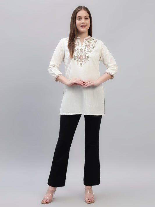 Women's Ivory Embroidery 3/4th Sleeves Round Neck Casual Short Kurti