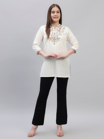 Women's Ivory Embroidery 3/4th Sleeves Round Neck Casual Short Kurti