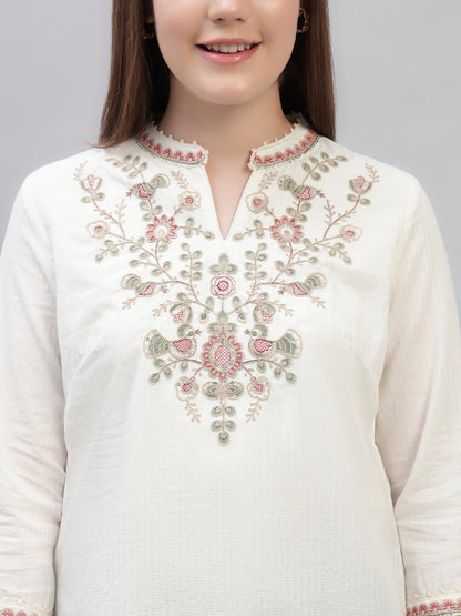 Women's Ivory Embroidery 3/4th Sleeves Round Neck Casual Short Kurti