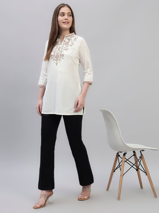 Women's Ivory Embroidery 3/4th Sleeves Round Neck Casual Short Kurti