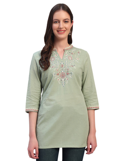 Women Embroidery Light Green 3/4th Sleeves Regular Fit Short Kurti