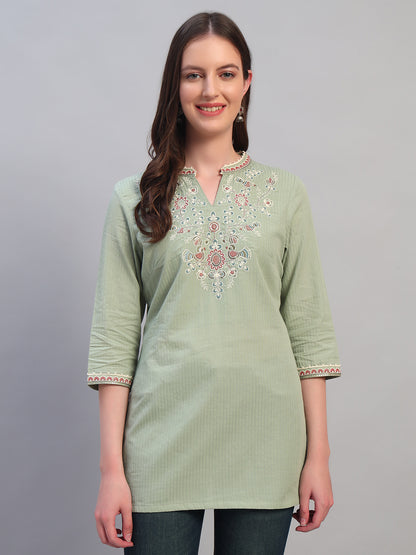 Women Embroidery Light Green 3/4th Sleeves Regular Fit Short Kurti