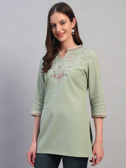 Women Embroidery Light Green 3/4th Sleeves Regular Fit Short Kurti