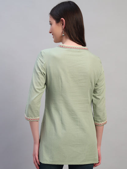 Women Embroidery Light Green 3/4th Sleeves Regular Fit Short Kurti