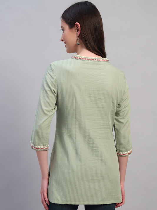 Women Embroidery Light Green 3/4th Sleeves Regular Fit Short Kurti