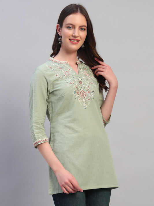 Women Embroidery Light Green 3/4th Sleeves Regular Fit Short Kurti