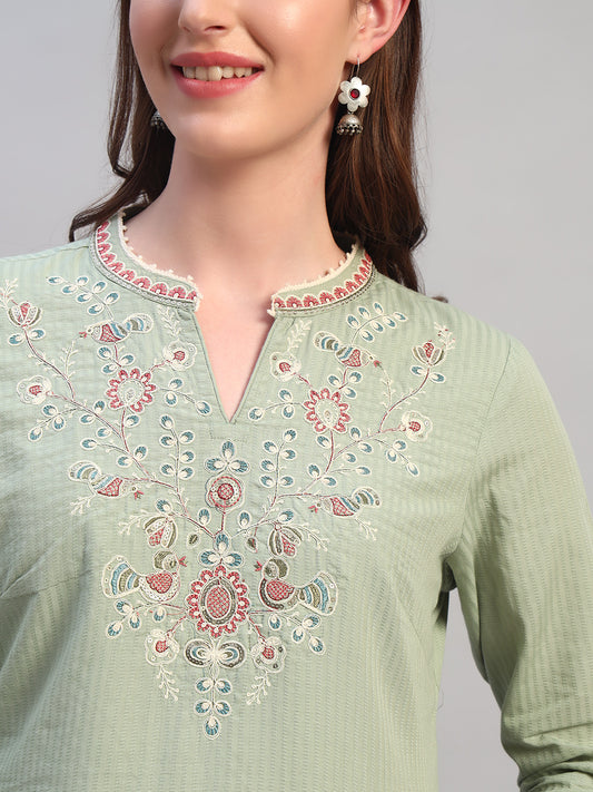Women Embroidery Light Green 3/4th Sleeves Regular Fit Short Kurti