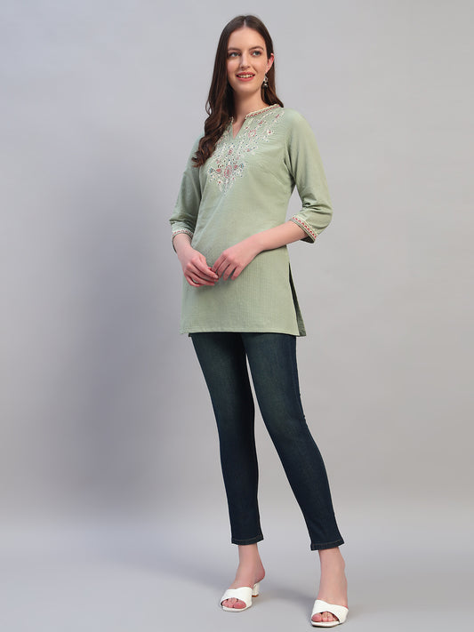 Women Embroidery Light Green 3/4th Sleeves Regular Fit Short Kurti