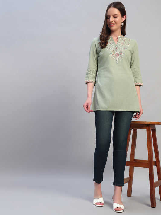 Women Embroidery Light Green 3/4th Sleeves Regular Fit Short Kurti