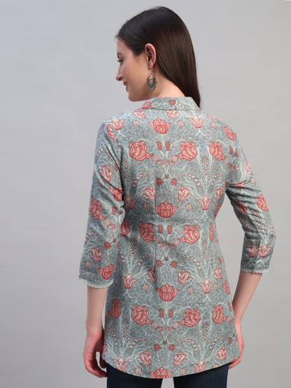 Women Printed Blue 3/4th Sleeves Regular Fit Short Kurti