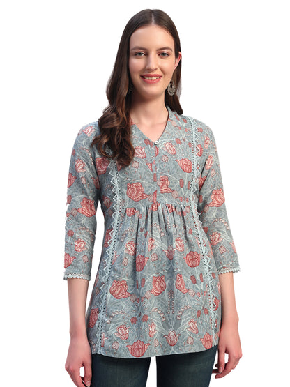 Women Printed Blue 3/4th Sleeves Regular Fit Short Kurti