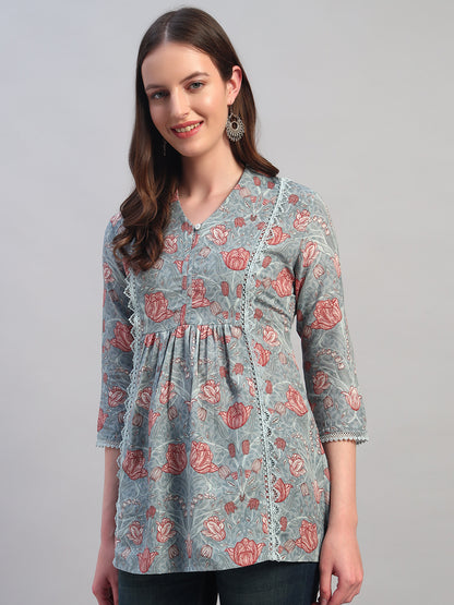 Women Printed Blue 3/4th Sleeves Regular Fit Short Kurti