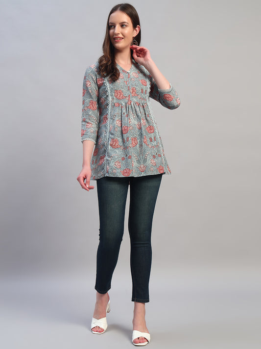 Women Printed Blue 3/4th Sleeves Regular Fit Short Kurti