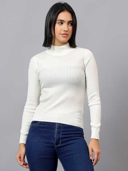 Women's Off White Self Design High Neck Skeevi