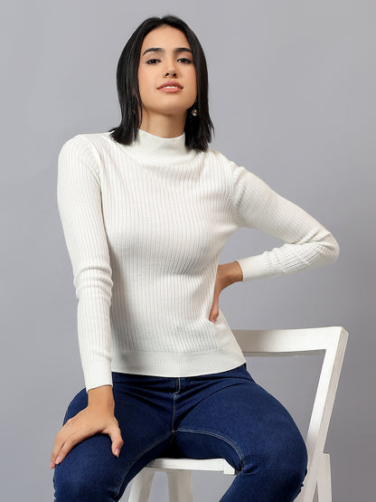 Women's Off White Self Design High Neck Skeevi