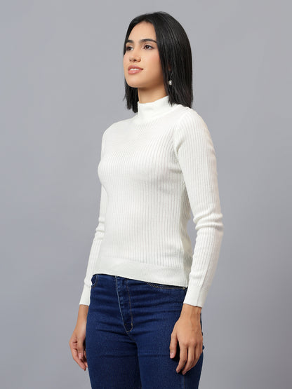 Women's Off White Self Design High Neck Skeevi