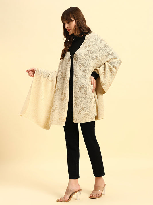 Women Self Design Beige Hook Closure Stoles