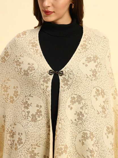 Women Self Design Beige Hook Closure Stoles