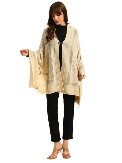 Women Self Design Beige Hook Closure Stoles