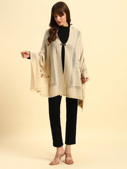 Women Self Design Beige Hook Closure Stoles